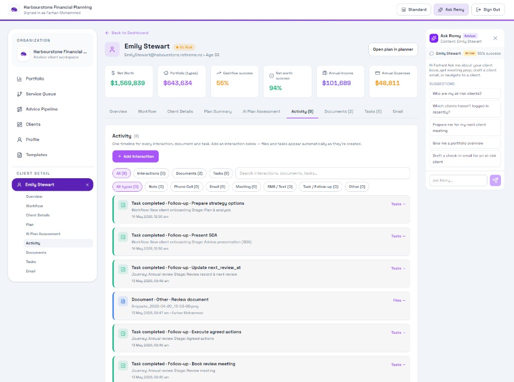Activity feed: interactions, documents, tasks, and audit trail