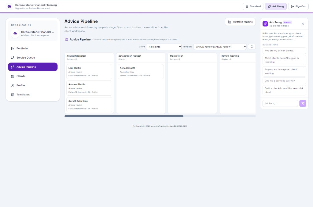 Advice Pipeline: Kanban board of active workflows by template stage
