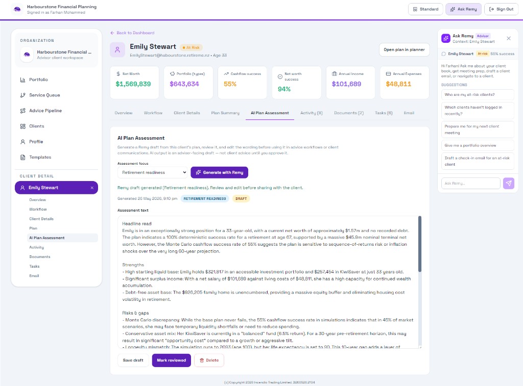 AI Plan Assessment: Remy generates a retirement readiness draft for adviser review