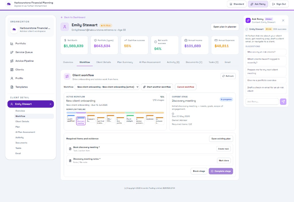 Client workflow: 10-stage onboarding with required items and stage completion