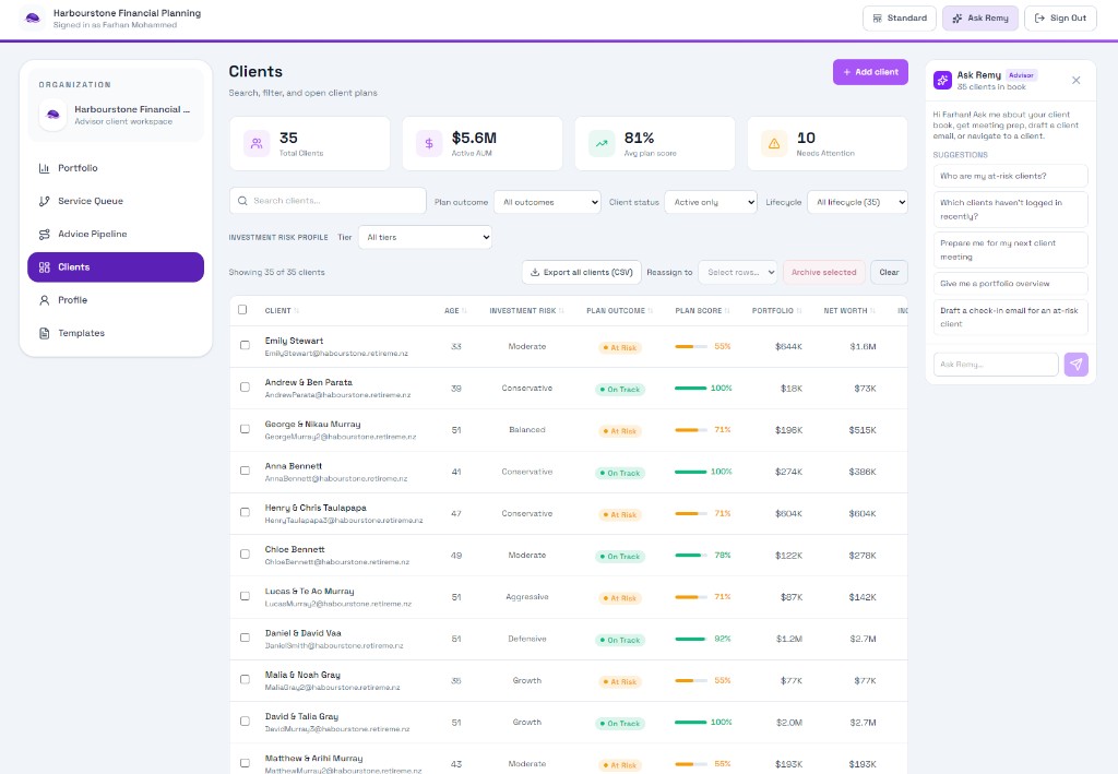 Clients list: search, filters, plan outcomes, risk profile, and bulk actions