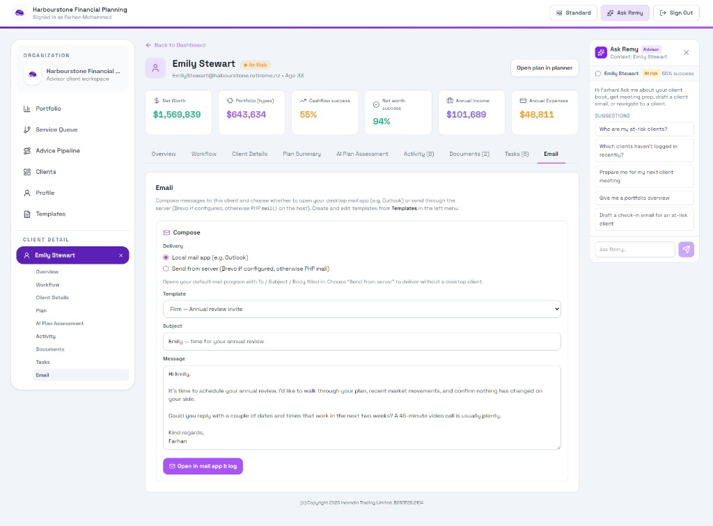 Email composer with firm templates and interaction logging