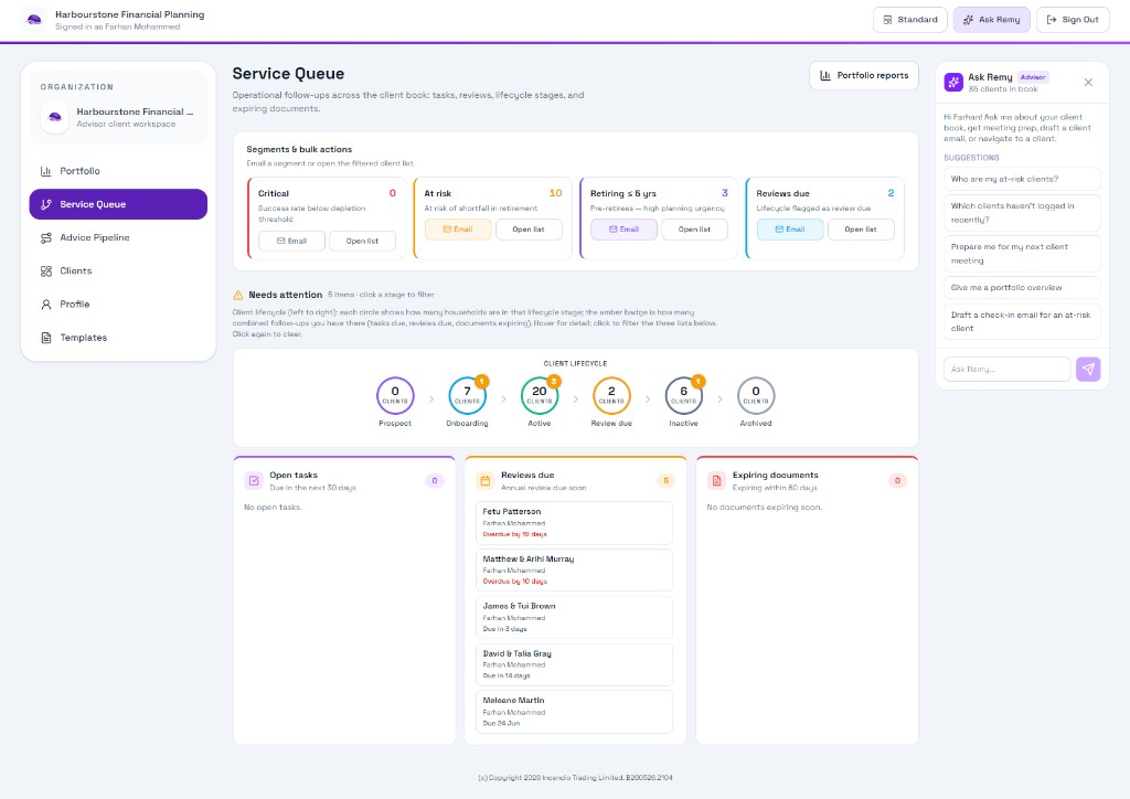 Service Queue: lifecycle pipeline, segment cards, tasks, reviews due, and expiring documents