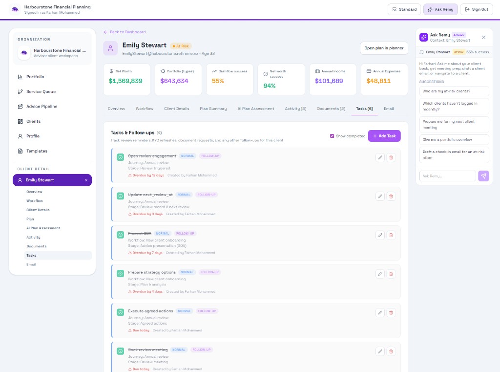 Tasks and follow-ups linked to workflows and review cycles